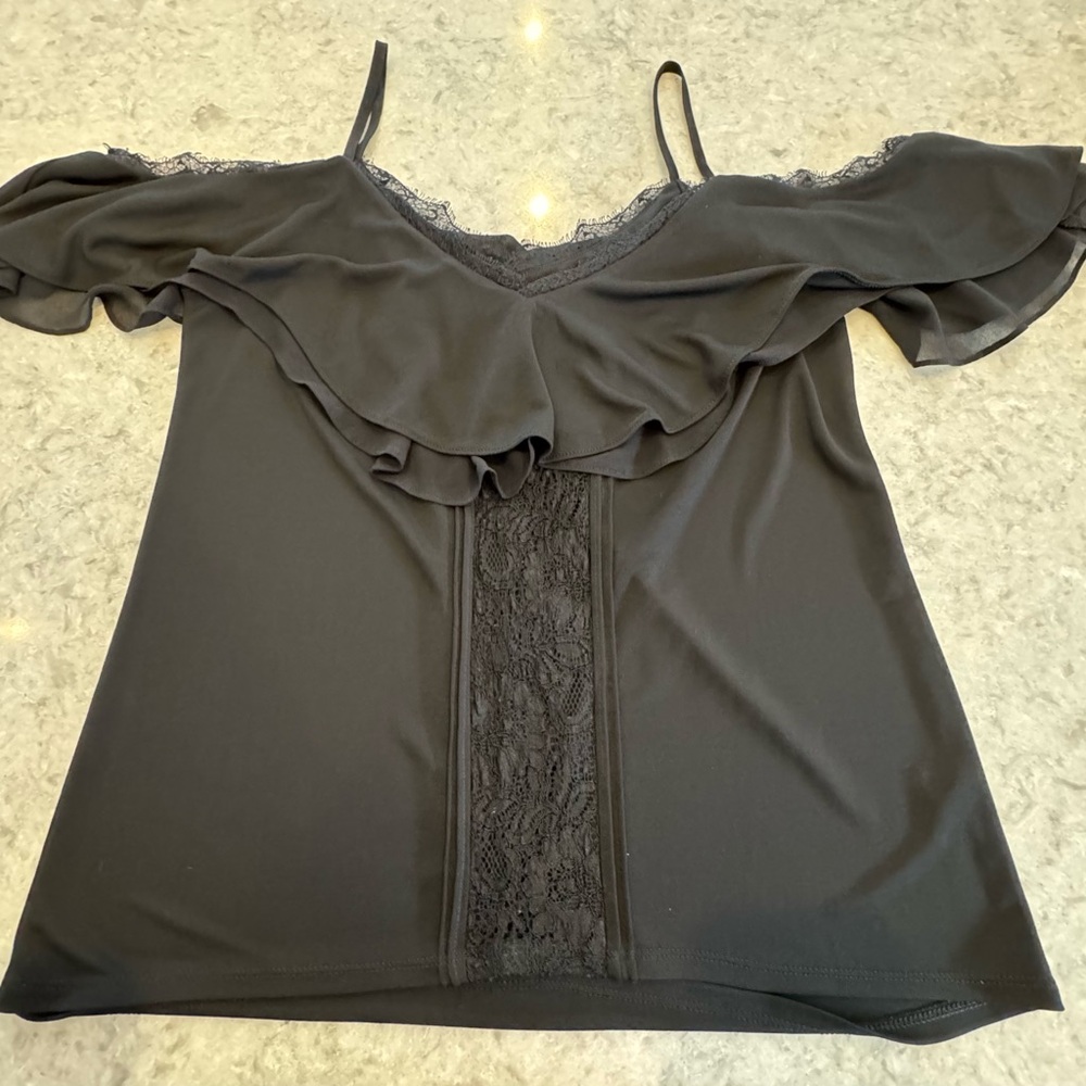EUC White House Black Market Black Ruffle Lace Open Shoulder Top
